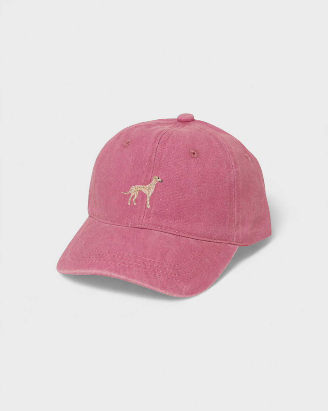 Pink Greyhound/Whippet personalised cotton baseball hat with embroidered dog design and custom back embroidery option