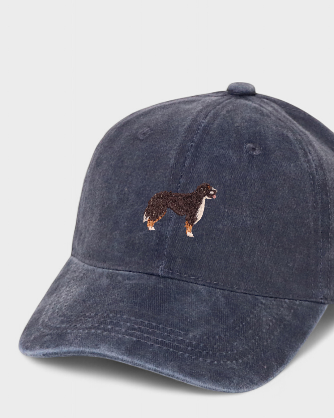 Navy blue Burmese Mountain Dog personalised cotton baseball hat with embroidered dog design