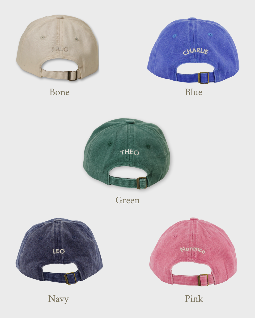 Set of personalised hats in bone, blue, green, navy, and pink with embroidered names on the back and Hydrangea embroidery on the front, made of 100% washed cotton.