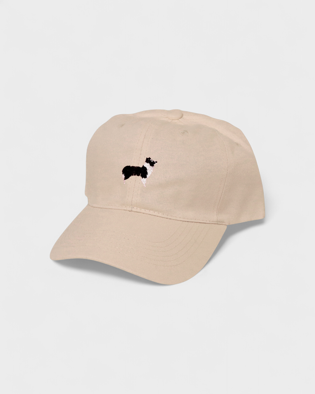 Border Collie embroidered personalised hat in washed cotton baseball fit.