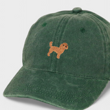 Green cotton baseball cap with hand-embroidered Cavoodle design, personalised embroidery option, Cavoodle Personalised Hat