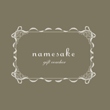 Namesake Gift Card with decorative border and ribbon design on a brown background