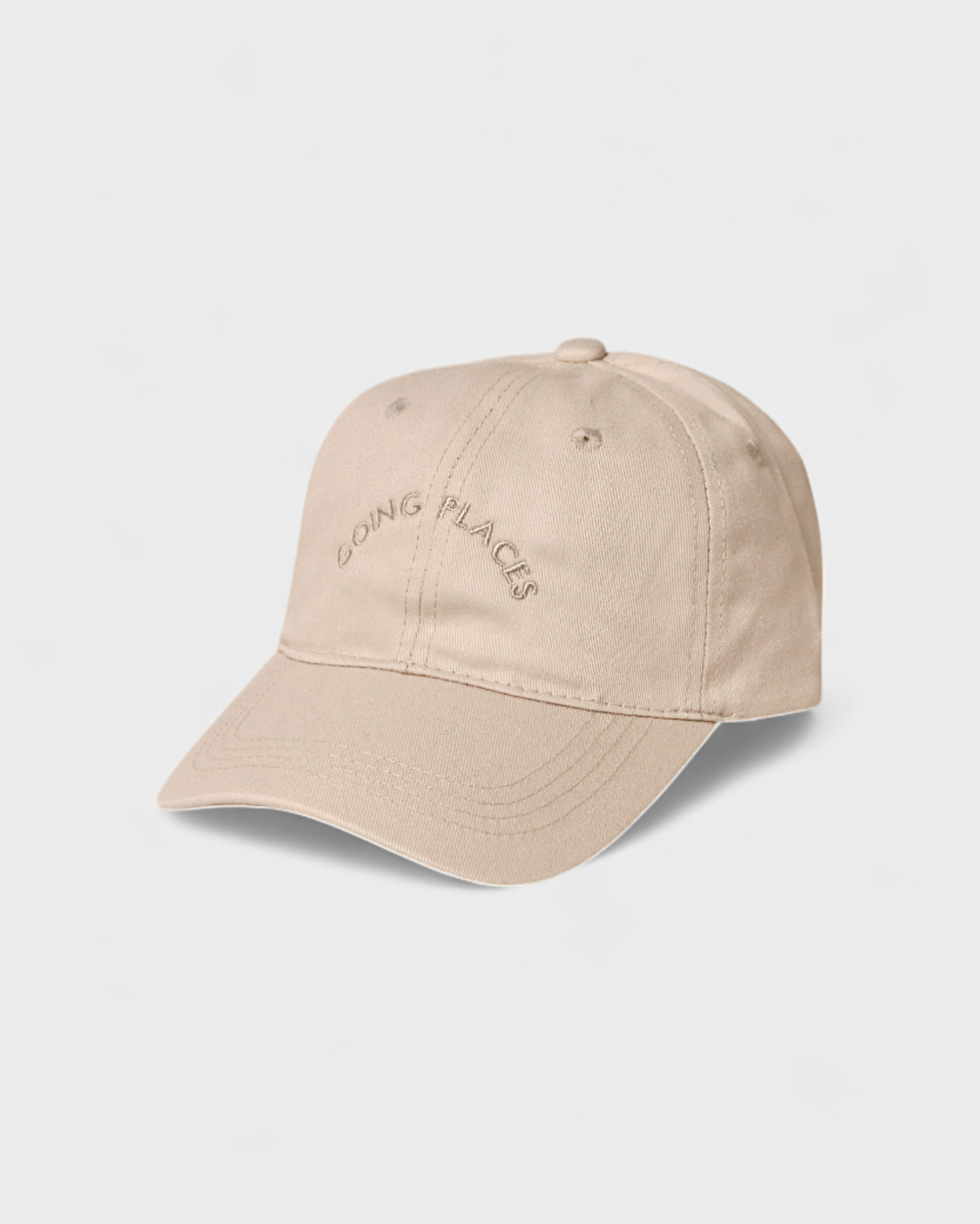 Beige "Going Places" personalised hat with embroidered text, classic baseball fit.