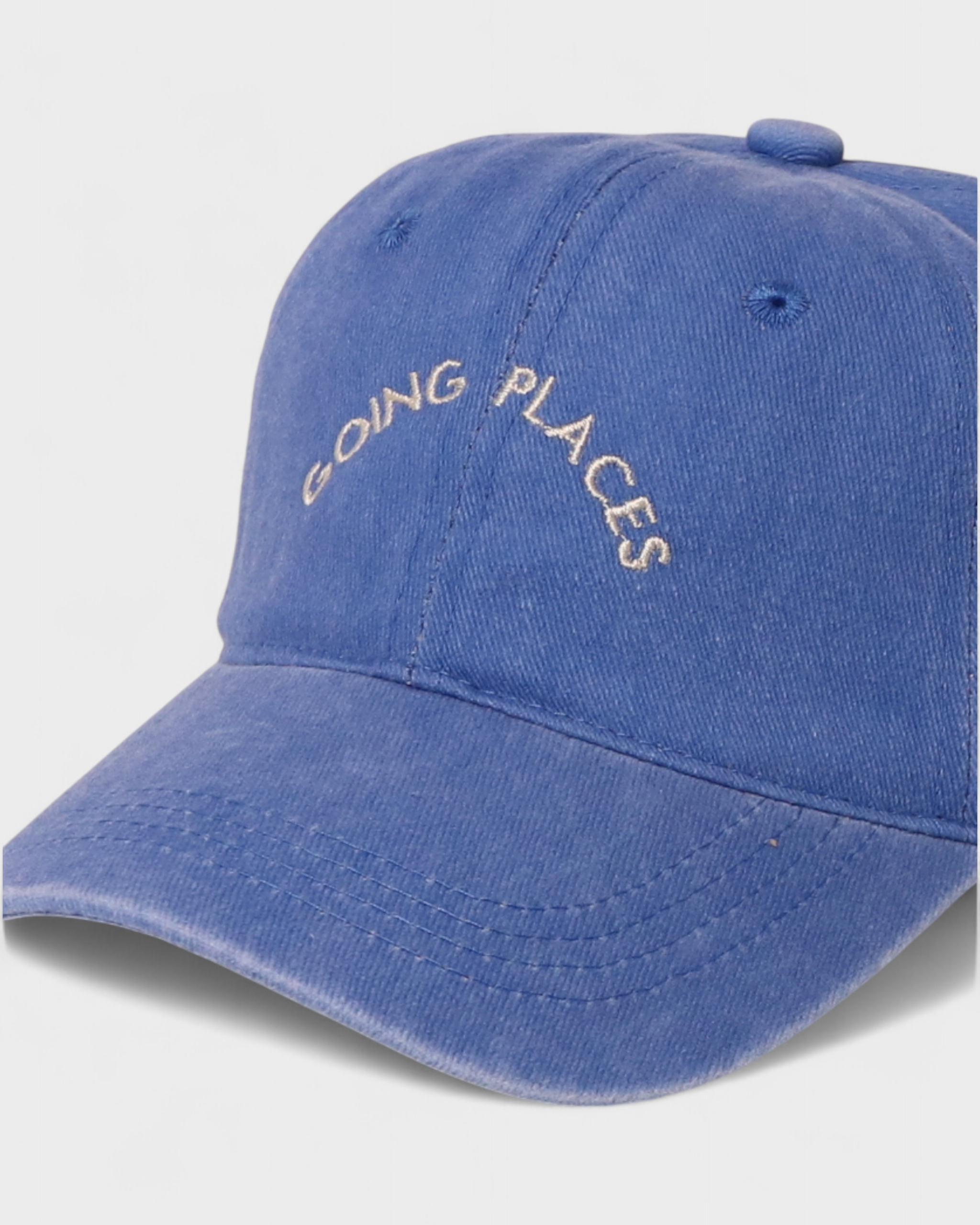 Blue "Going Places" personalised hat with embroidered text, 100% washed cotton, baseball fit.