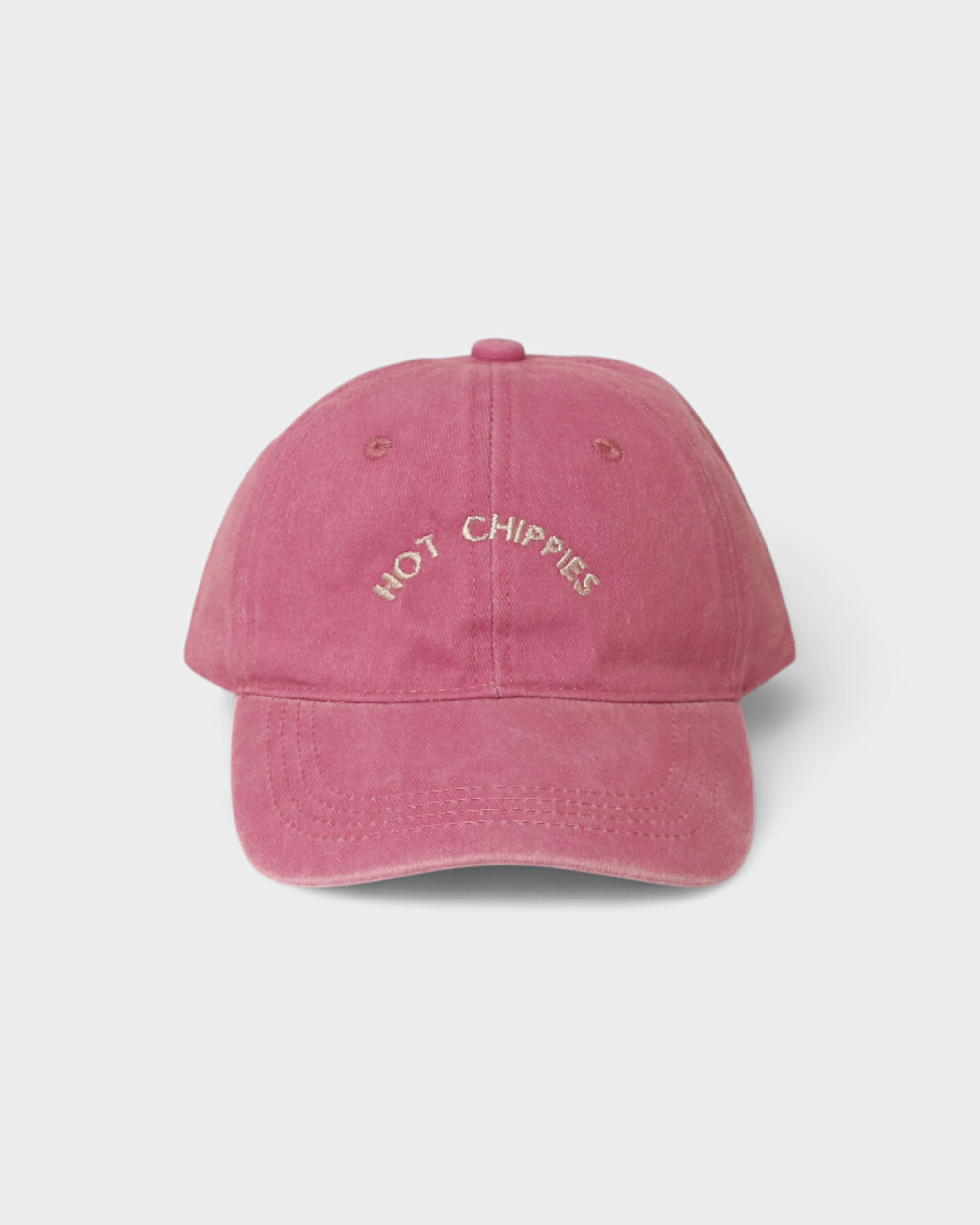 Pink Hot Chippies Personalised Hat with embroidered text and classic baseball fit made of 100% washed cotton