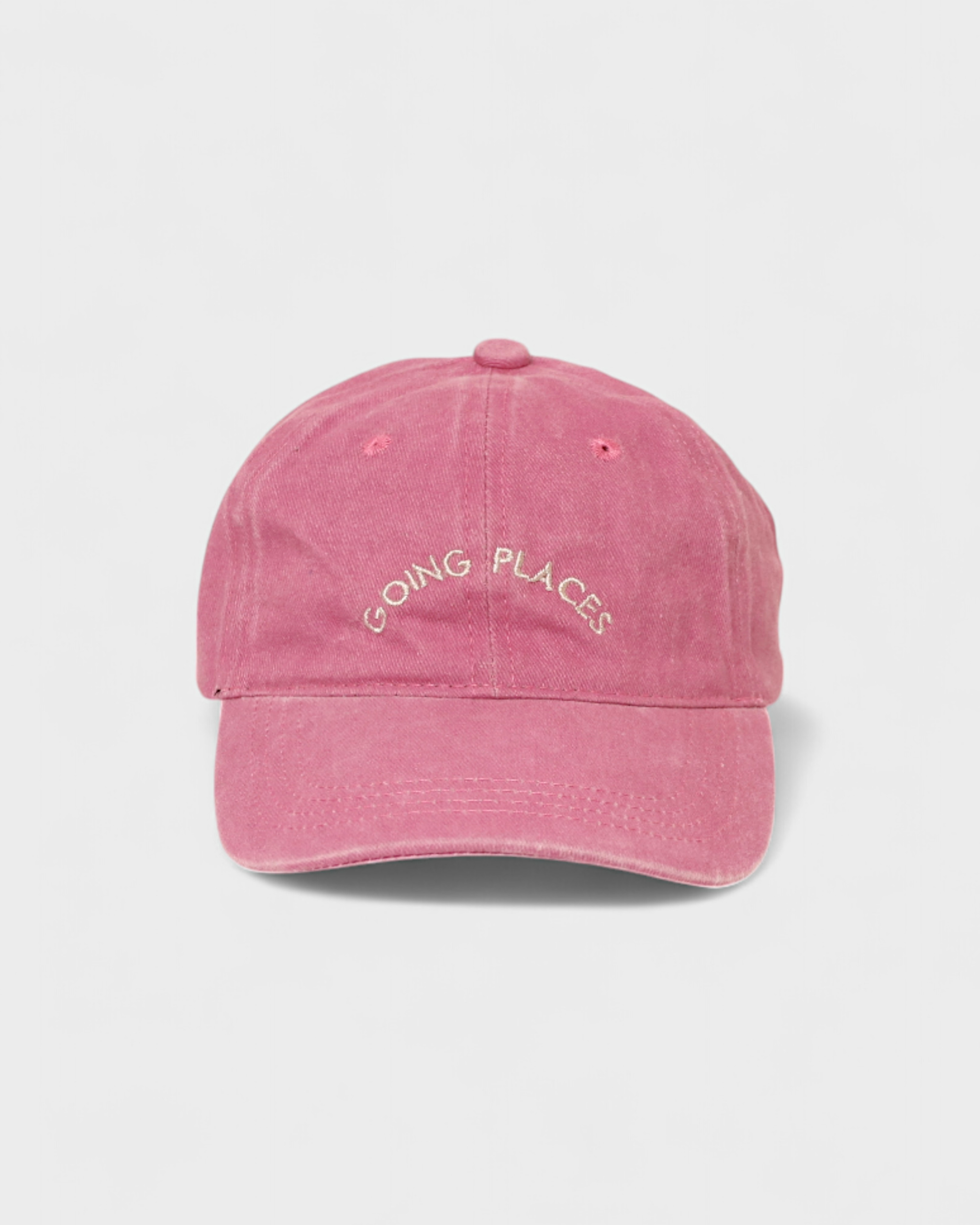 Pink Going Places personalised hat with embroidered text, 100% washed cotton, baseball fit.