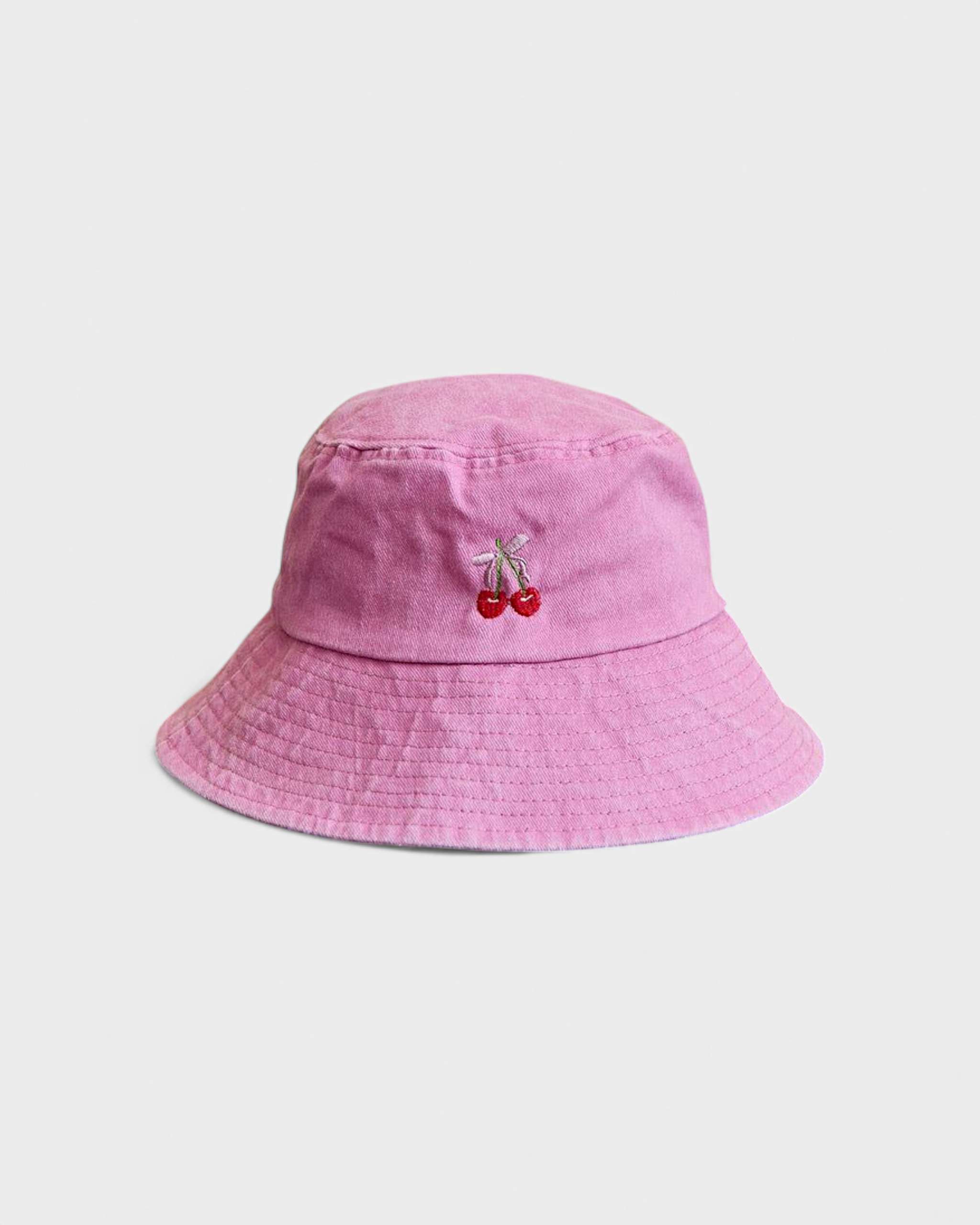 Pink bucket hat with cherries embroidery designed for kids aged 2-6.