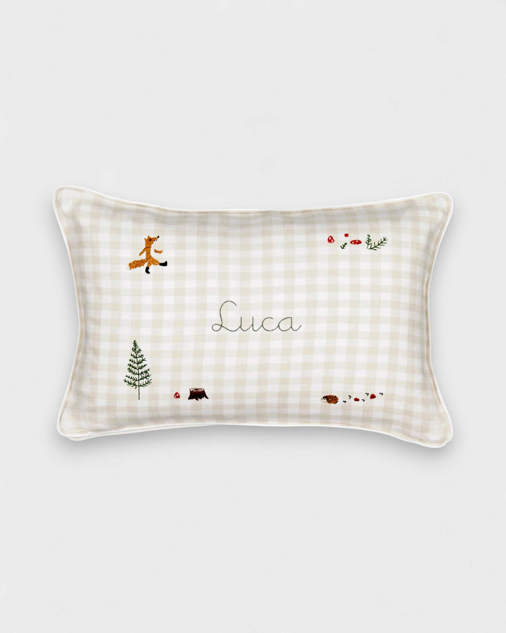 Woodland Keepsake Linen Cushion with embroidered fox design and personalized name, 30x45cm.
