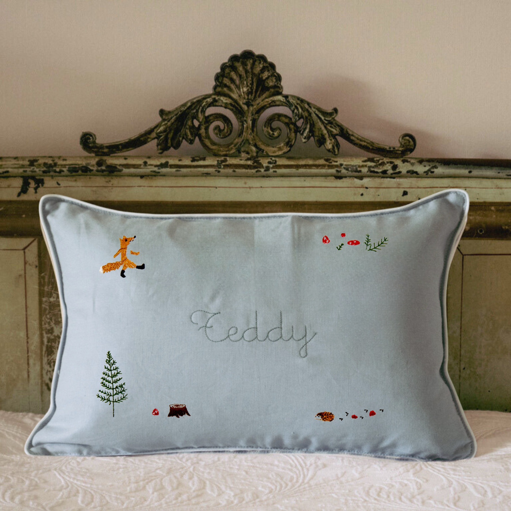 Woodland Keepsake Linen Cushion with embroidered fox design and personalized name.