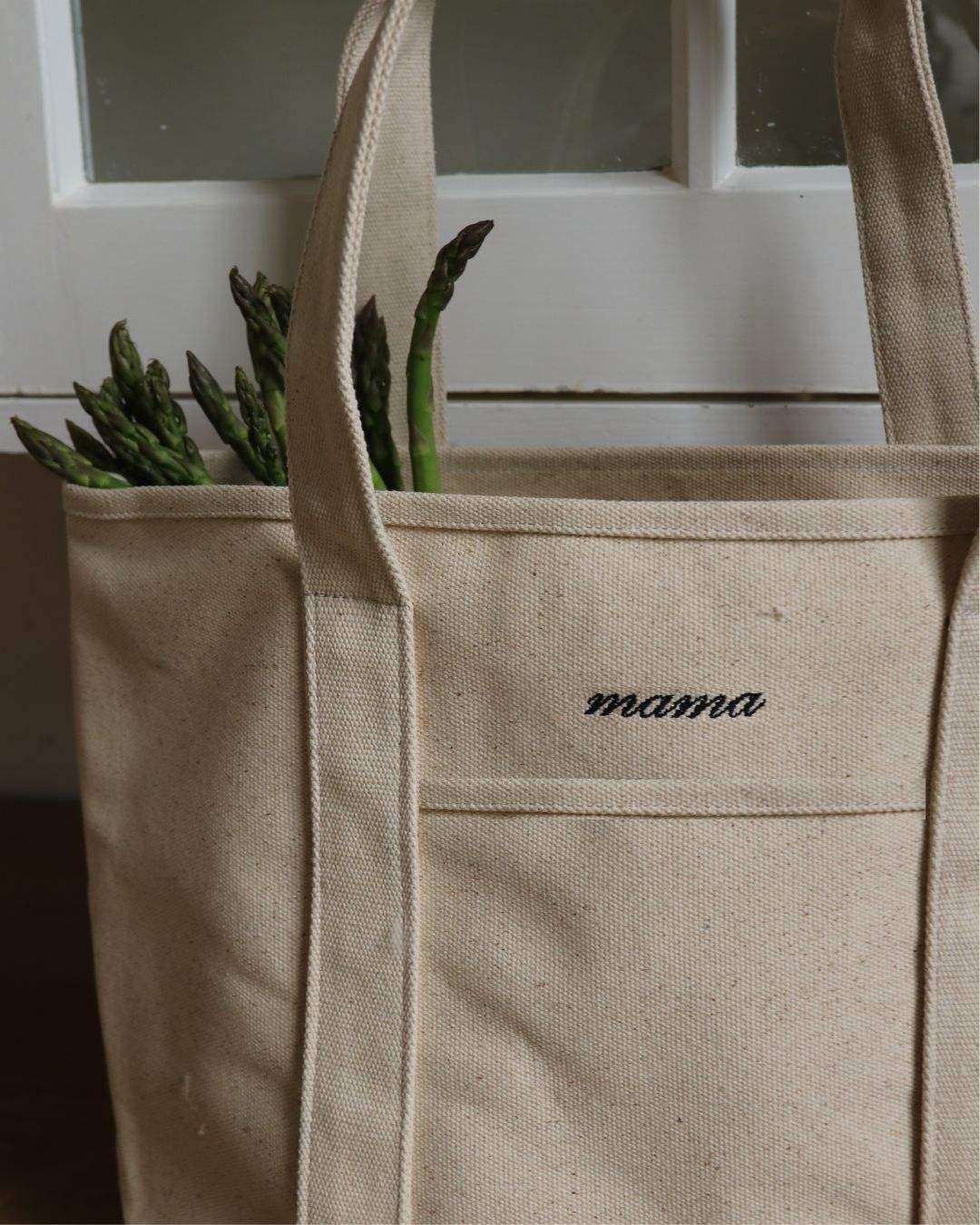 Personalised heavyweight canvas tote bag with "mama" text and asparagus inside