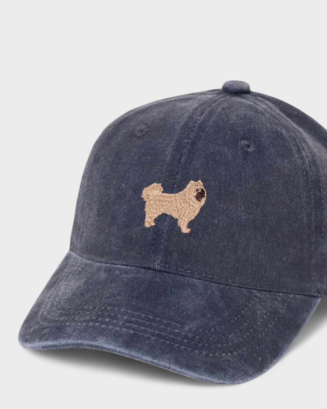 Husky personalised hat with embroidered Chow Chow design on washed cotton baseball cap.