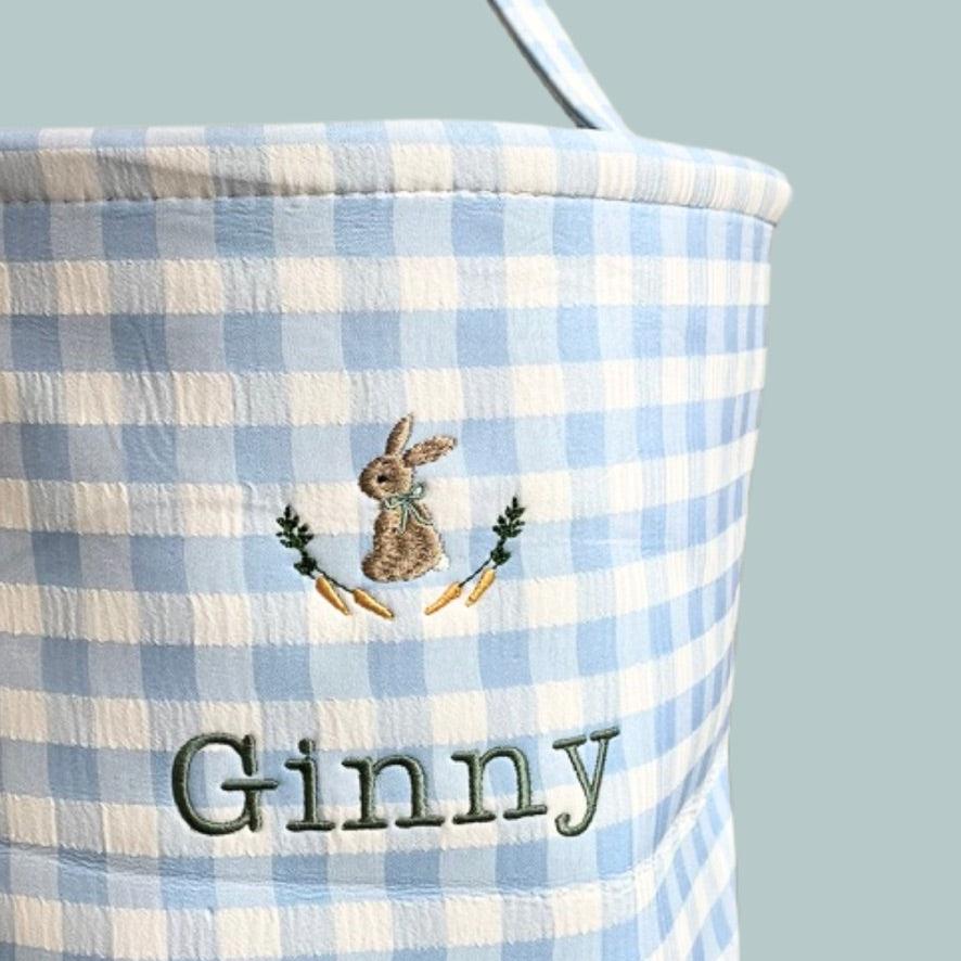 Personalised Easter Bucket with Bunny and Carrots Embroidery on Blue Gingham