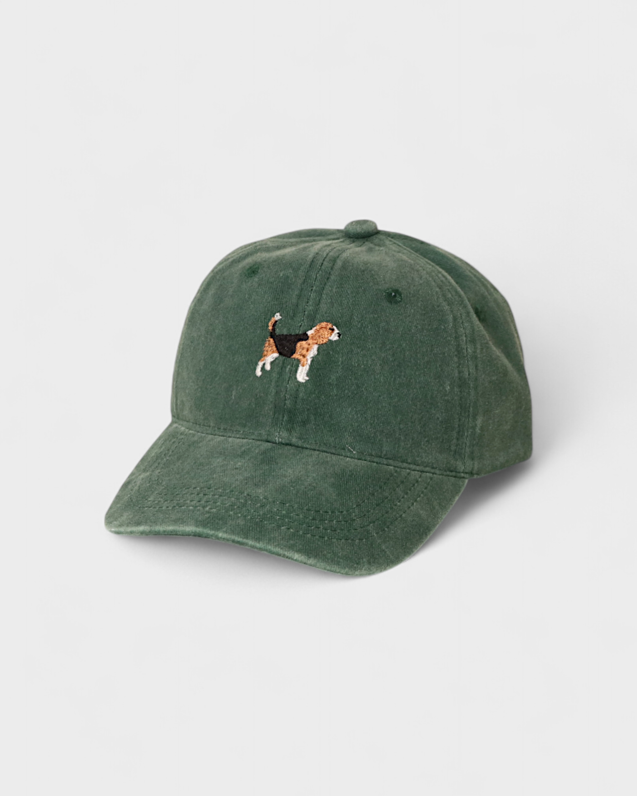French Bulldog embroidered personalised hat on green cotton baseball cap.