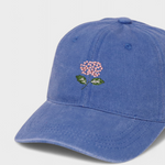 Hydrangea embroidered personalised hat in blue washed cotton.