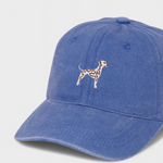 Dalmatian personalised hat with embroidered design on blue cotton.