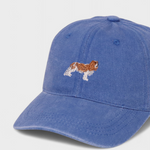 King Charles Spaniel embroidered personalised hat in blue washed cotton.
