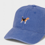 Beagle personalised hat with hand-drawn embroidery on blue cotton baseball cap.