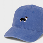 Border Collie embroidered personalised hat in blue cotton.