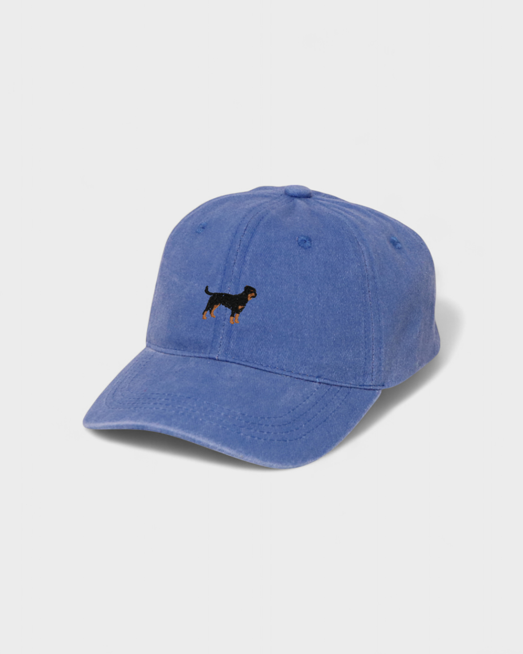 Bengal Personalised Hat with hand-embroidered Rottweiler design in blue washed cotton baseball cap