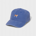 Blue cotton baseball hat with embroidered Shiba Inu and customizable back embroidery