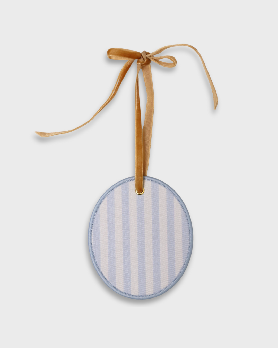 Customizable blue striped pet ornament with velvet ribbon for holiday decorating