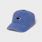 Border Collie personalised hat with embroidered design and customizable text on blue washed cotton fabric.