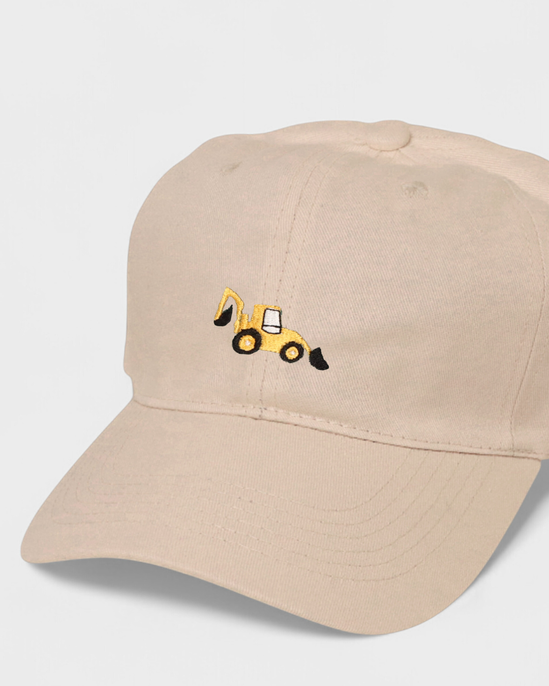 Personalised hat with digger embroidery on front and custom embroidery on back.