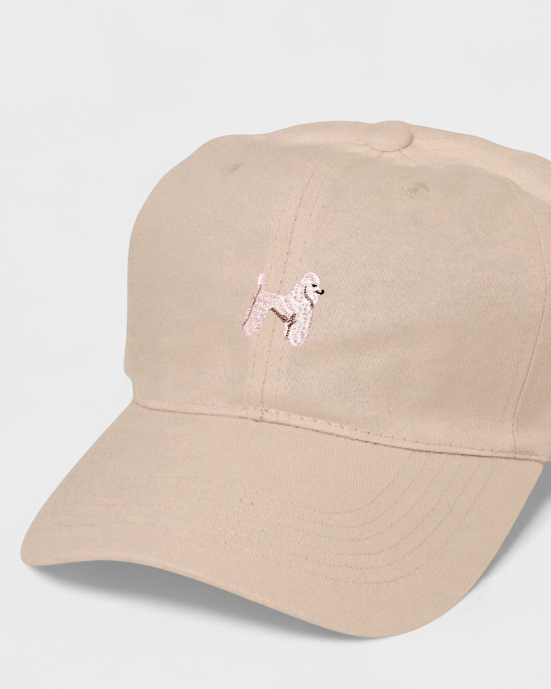 Poodle Personalised Hat with embroidered design and custom text on cotton baseball cap.
