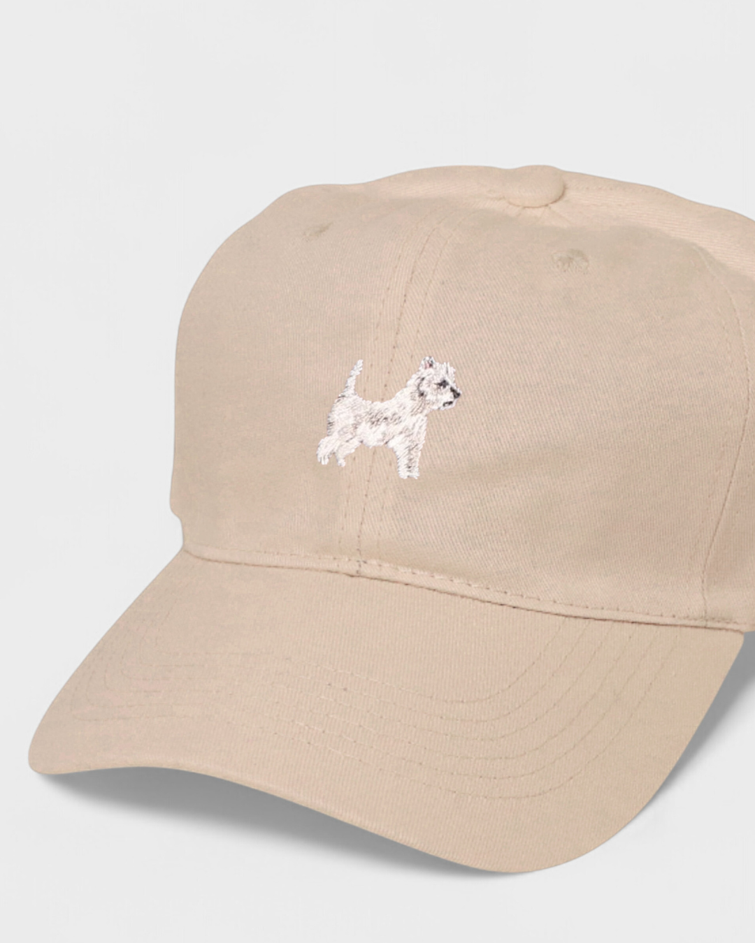 Westie White Terrier personalised hat with embroidered design on front, beige color.