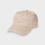 Beige baseball cap with embroidered hand-drawn pink poodle design, personalised embroidery option, made of 100% washed cotton.