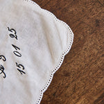 Delicate ladies handkerchief with scalloped edge and personalized embroidery on white cotton fabric