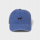 Blue Dobermann Personalised Hat with hand-drawn Dobermann Pinscher embroidery on front, made of 100% washed cotton baseball cap.