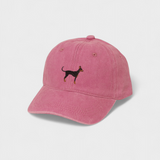 Pink Doberman Personalised Hat with embroidered Dobermann Pinscher design on front and customizable back embroidery, made of 100% washed cotton in classic baseball style