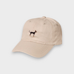 Beige Doberman Personalised Hat with embroidered Dobermann Pinscher design on front made of 100% washed cotton in classic baseball style