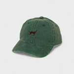 Green washed cotton Doberman personalised hat with embroidered Dobermann Pinscher design.
