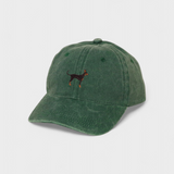 Green washed cotton Doberman personalised hat with embroidered Dobermann Pinscher design.