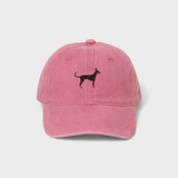 Pink Doberman Personalised Hat with embroidered Dobermann Pinscher design on front, made of 100% washed cotton in classic baseball style.