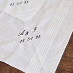 Embroidered personalized men's cotton handkerchief with traditional 45cm size and scalloped women's handkerchief shown alongside