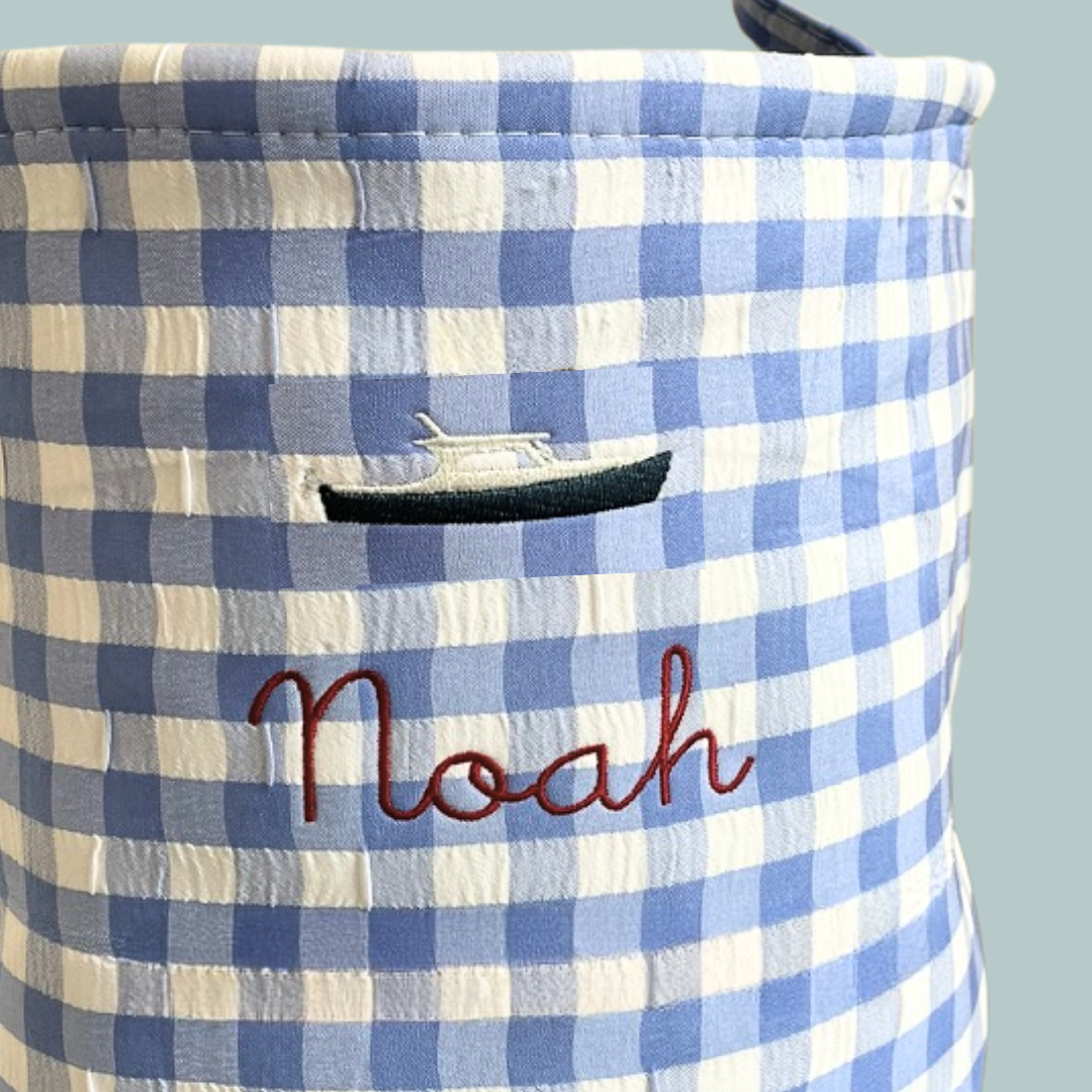 Personalised Easter Bucket with hand-drawn embroidery on gingham fabric.