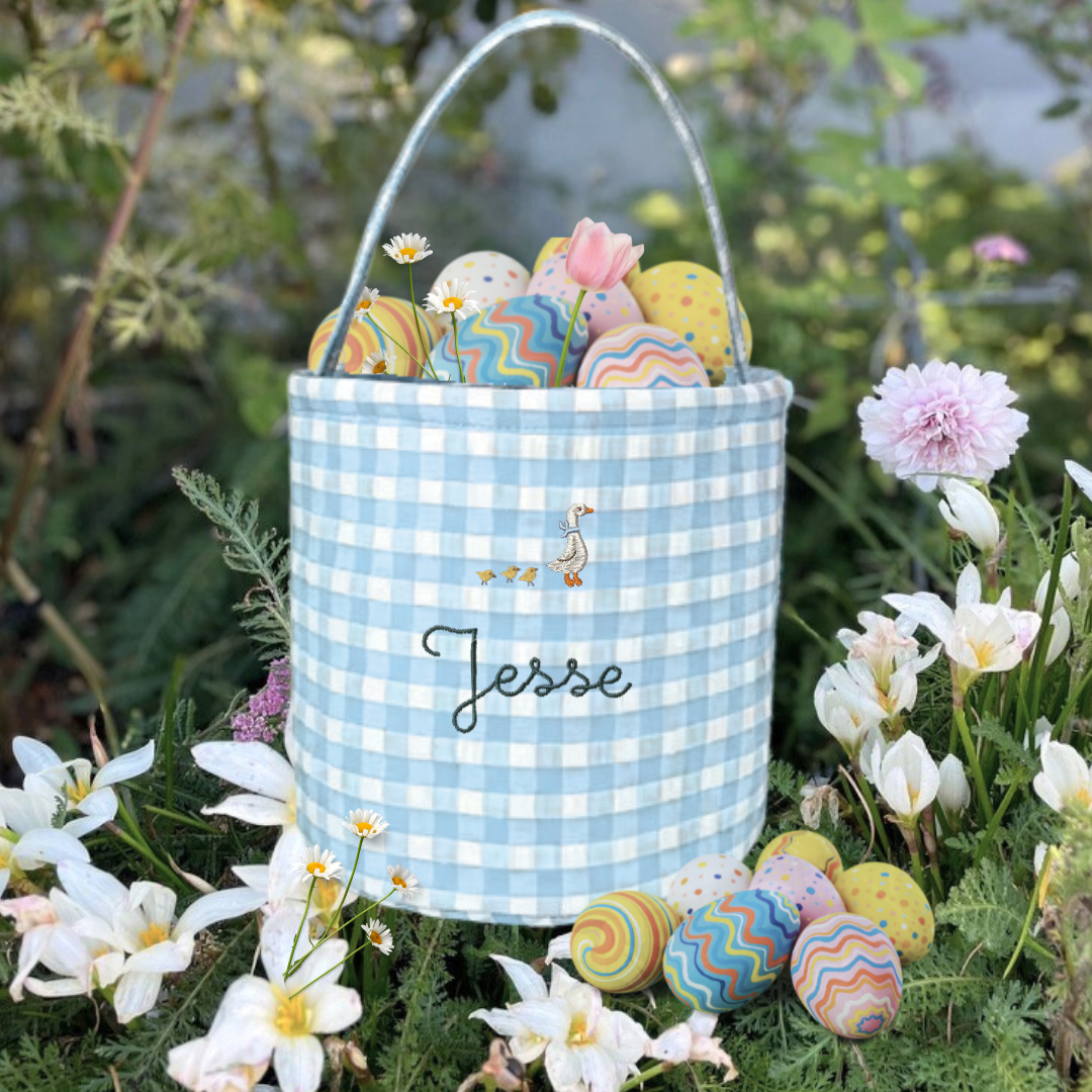 Personalised Easter Bucket with gingham pattern and hand-drawn embroidery.