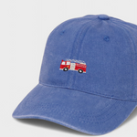 Blue personalised hat with hand-drawn fire engine embroidery on front, 100% washed cotton baseball cap for children