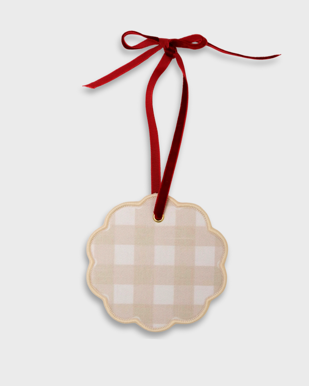 Custom pet ornament with natural gingham pattern and red velvet ribbon for holiday decoration pet ornaments