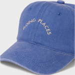 Blue "Going Places" personalised hat with embroidered text, 100% washed cotton, baseball fit.