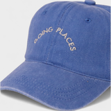 Blue "Going Places" personalised hat with embroidered text, 100% washed cotton, baseball fit.
