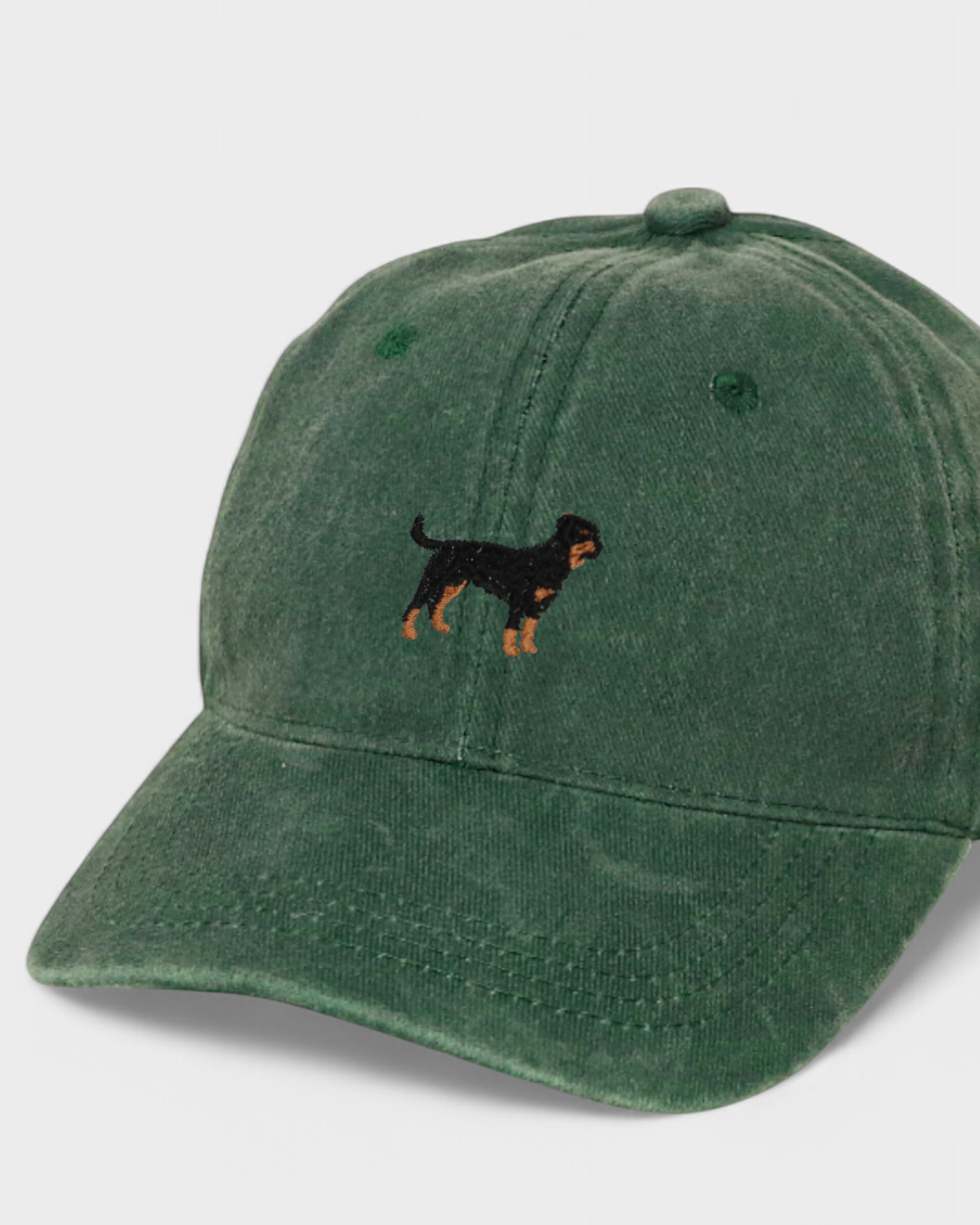 Green Bengal Personalised Hat with hand-embroidered Rottweiler design on front and customizable back embroidery