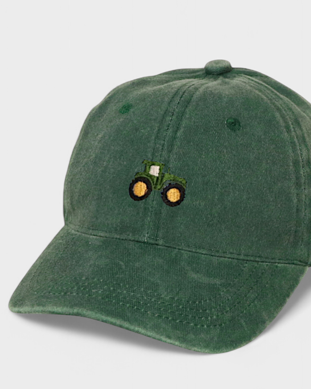 Tractor Personalised Hat with hand-drawn tractor embroidery, made of 100% washed cotton.