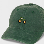 Tractor Personalised Hat with hand-drawn tractor embroidery, made of 100% washed cotton.