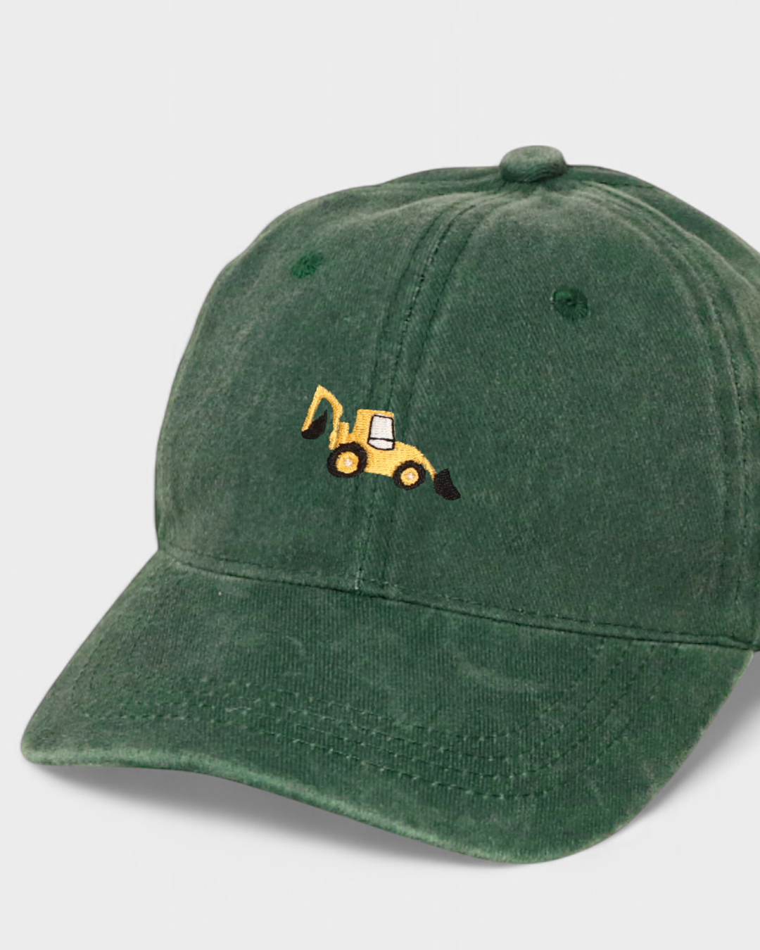 Personalised digger hat with embroidery design on green washed cotton baseball cap.