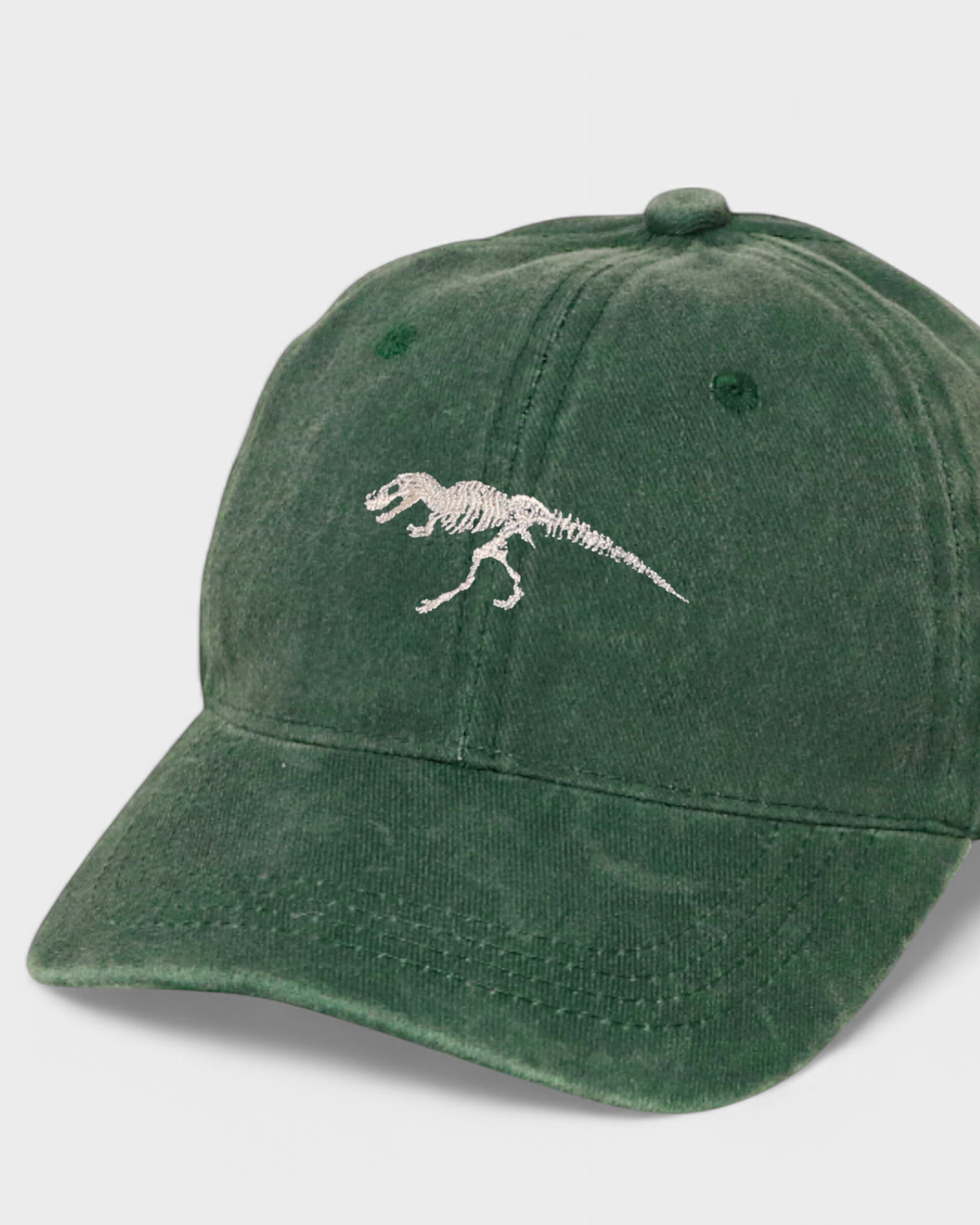 T-Rex embroidered personalised hat in green, 100% washed cotton, classic baseball fit.