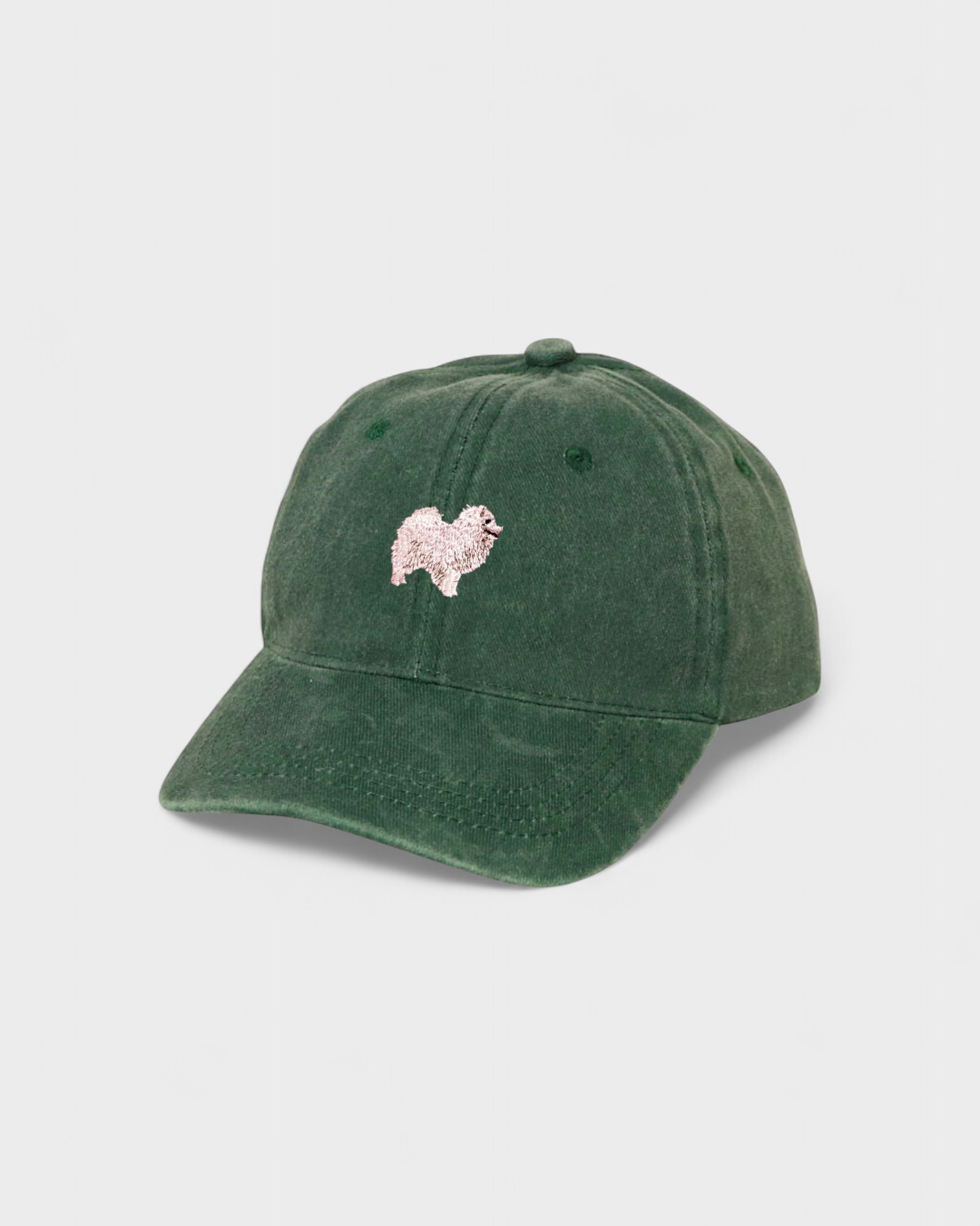 Japanese Spitz personalised embroidered hat in green cotton.